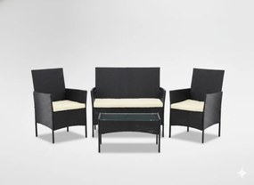 RATTAN BÚTORSZETT (KANAPÉ, 2 FOTEL, ASZTAL), FEKETE + KRÉMSZÍNŰ PÁRNÁKKAL