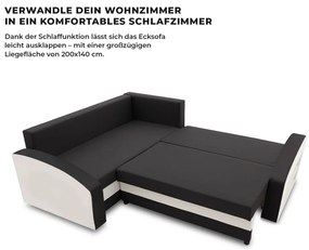 Grande sarokkanapé polcokkal , polc a jobb karfaban, baloldali, szövet anyag, hab töltet, fekete - fehér