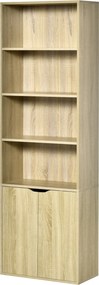 HOMCOM 4 Nyitott Rekeszes és 2 Ajtós Könyvespolc Nappali Tanulószobába Irodába, Terhelhetőség 80 kg, 59x29x180 cm Természetes | Aosom