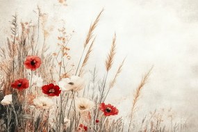 Fotótapéta Flizelina Természet Bézs Rét Mező Virágok Pipacsok Fű 416x290 ragasztó