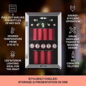 Klarstein Beersafe 70 Birra Edition, hűtőszekrény, 70 liter, 3 polc, panoráma üvegajtó, rozsdamentes acél