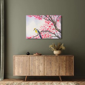 Kép - Madár egy fán, piros virágokkal (90x60 cm)