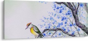 Kép - Madár egy fán kék virágokkal (120x50 cm)