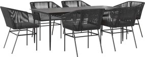 vidaXL 7 részes fekete polyrattan üveg kerti étkezőgarnitúra párnákkal