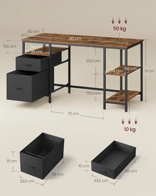 VASAGLE számítógépasztal, íróasztal 3 polccal, 60x140 cm, barna és fekete