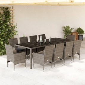 vidaXL 11 részes szürke polyrattan/üveg kerti ülőgarnitúra párnákkal