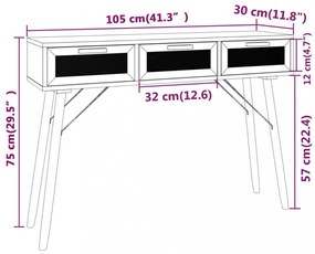 fekete tömör fenyő és természetes rattan kisasztal 105x30x75 cm