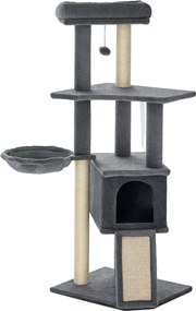 PawHut Többfunkciós Tevékenységi Központ Macska Fa Kaparóoszlopokkal, Kaparó Paddal, Lengő Labdát Játszóval és Rejtett Platformokkal - Szürke | Aosom