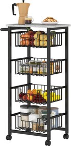 HOMCOM Konyhai Kocsi Zöldségállvány 4 Csúszó Kosárral és Acél Kerettel Mobil Kocsi Kerekekkel Étkezőbe 49.5x31x91 cm Világosszürke | Aosom