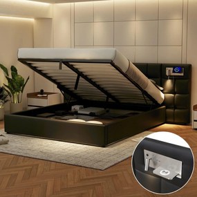 Kárpitozott ágy 180x200 hidraulikus ágy Usb Pu világítás fekete