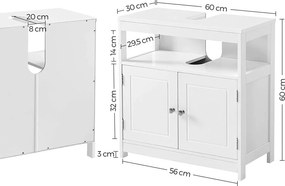 Fürdőszobai mosdókagyló 2 ajtóval, nyitott rekesszel, 60 x 30 x 60 cm, skandináv stílusú, ma