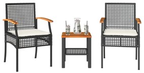3 részes fekete polyrattan és akácfa bisztrószett párnákkal