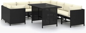 vidaXL 9 részes fekete polyrattan kerti ülőgarnitúra párnákkal