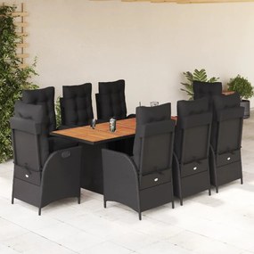9 részes fekete polyrattan kerti étkezőgarnitúra párnákkal