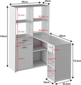 Sarok PC asztal könyvespolccal, fehér, MINESON