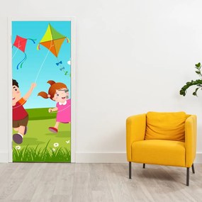 Fotótapéta ajtóra - Gyerekek sárkányt teregetve (95x205cm)