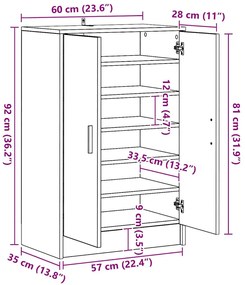 szürke sonoma színű szerelt fa cipősszekrény 60 x 35 x 92 cm