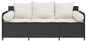 Fekete 3 személyes polyrattan kerti kanapé párnákkal