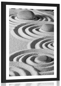 Poszter paszportuval Zen kövek homokos körökben fekete-fehér kivitelben