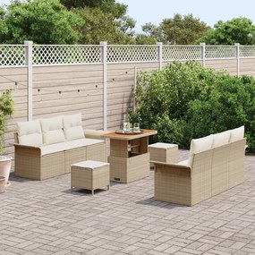 9 részes kerti kanapészett párnákkal bézs poli rattan akáccal, 2 személyes kerti kanapé párnákkal bézs poli rattan, 3 részes kerti étkezőasztal szett párnákkal bézs poli rattan akáccal