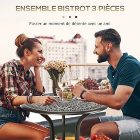 Outsunny 2 személyes kertiszett 2 szék + kerek asztal retro bájban, öntött alumíniumból, bronz színben | Aosom