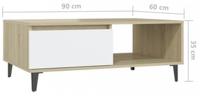 fehér és tölgyszínű szerelt fa dohányzóasztal 90 x 60 x 35 cm