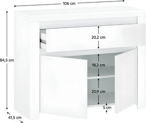 Komód 2D1S, fehér fényes, LINDY