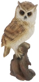 Farönkön álló erdei fülesbagoly polyresin szobor, M, kültéri és beltéri dekorációs kiegészítő