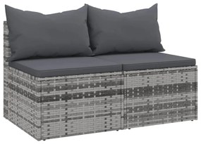 2 db szürke polyrattan kerti középső kanapé párnákkal