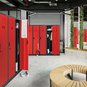 Pléh öltözőszekrény talpazaton, kétmodulos, polccal és köztes fallal KACPER, 800 x 1800 x 500 mm, antracit-piros