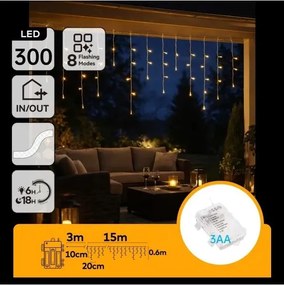 Aigostar - LED kültéri karácsonyi fényfüzér 300xLED/8 világítási mód 3xAA 18x06m IP44 meleg fehér