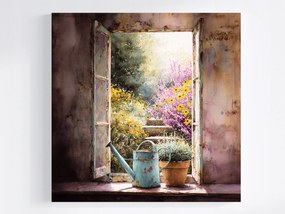 Vászonkép Canvas Kilátás Ablak Kert Színes Virágok Tavasz Nyár 80x80