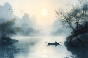 Fotótapéta Flizelina Kína Ázsia Tó Halász Csónak Köd 416x290 ragasztó