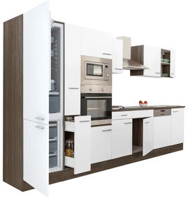 Yorki 370 konyhablokk yorki tölgy korpusz,selyemfényű fehér fronttal alulfagyasztós hűtős szekrénnyel