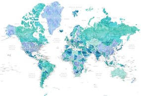 Térkép Aquamarine and blue watercolor detailed world map, Blursbyai