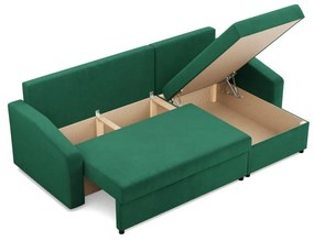 Zeus sarokkanapé, 2 ágyneműtartóval, döntött kartámasz, bársony, univerzális oldal, hab töltet, zöld