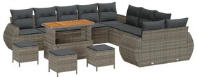 13 darabos kert kanapé szett párnákkal szürke poli rattan akáccal, 3 darabos kert étkező szett párnákkal szürke poli rattan akáccal