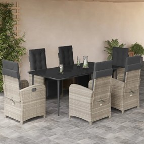 7 részes világosszürke polyrattan kerti étkezőszett párnával