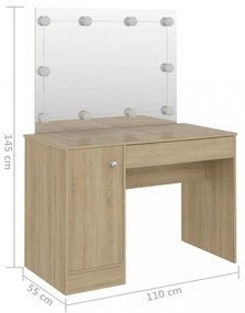 tölgyszínű LED-es MDF sminkasztal 110 x 55 x 145 cm