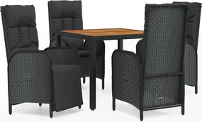 vidaXL 5 részes fekete polyrattan kerti étkezőgarnitúra párnákkal