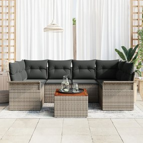 7 részes kerti kanapé szett párnákkal szürke poli rattan akác, 2 személyes kerti kanapé tárolóval és párnákkal szürke poli rattan