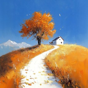 Vászonkép Canvas Tájkép Ősz Mező Út Falu Fa Ház 80x80