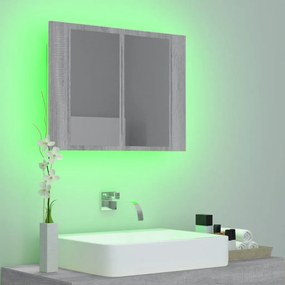 szürke sonoma színű szerelt fa tükörszekrény LED-del 60x12x45cm