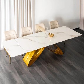 Fehér Márványhatású Bővíthető Kerámia Asztal Arany Lábbal. LUIGI 160-240 cm