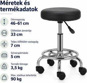 VASHOME gurulós kozmetikai szék, állítható magasság 46–61 cm, 5 görgővel, fekete