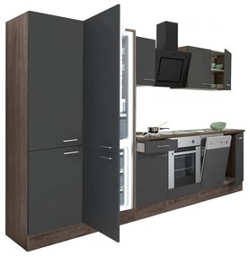 Yorki 340 konyhablokk yorki tölgy korpusz,selyemfényű antracit front alsó sütős elemmel polcos szekrénnyel és alulfagyasztós hűtős szekrénnyel