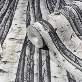 Vlies alapú vinyl tapéta, fekete-fehér nyírfaerdő, 3D hatású