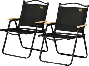 Outsunny 2 db-os Hordozható Kemping Szék Fém Vázal, Fa Hatású, Összecsukható Szék Medencéhez, Strandra, Oxford, Fekete | Aosom