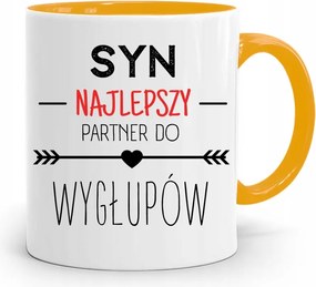 Sárga Bögre Ajándék Fiának A Legjobb Hülyéskedéshez fényképes nyomtatással