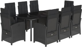 vidaXL 9 részes fekete polyrattan kerti étkezőgarnitúra párnákkal